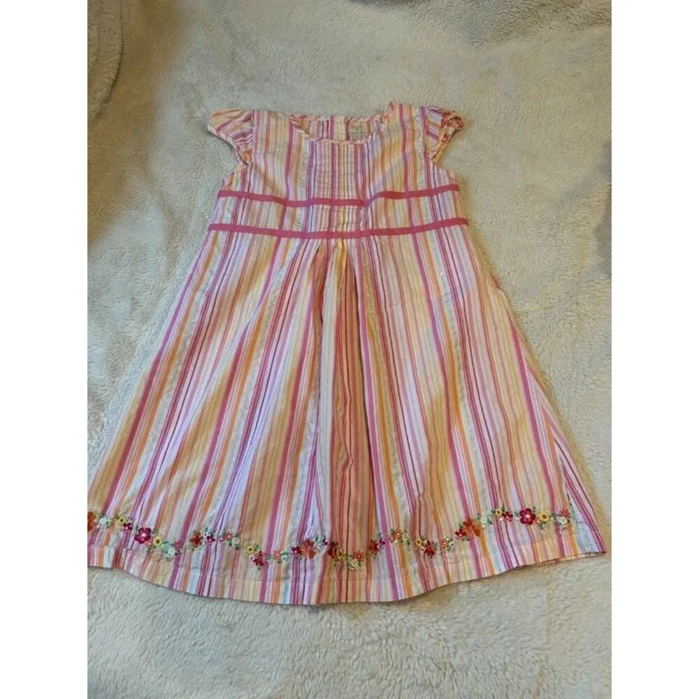 Y2K Vintage Carter's Girls 6 Pink Striped Embroidered Flowers Cap Sleeve Dress
